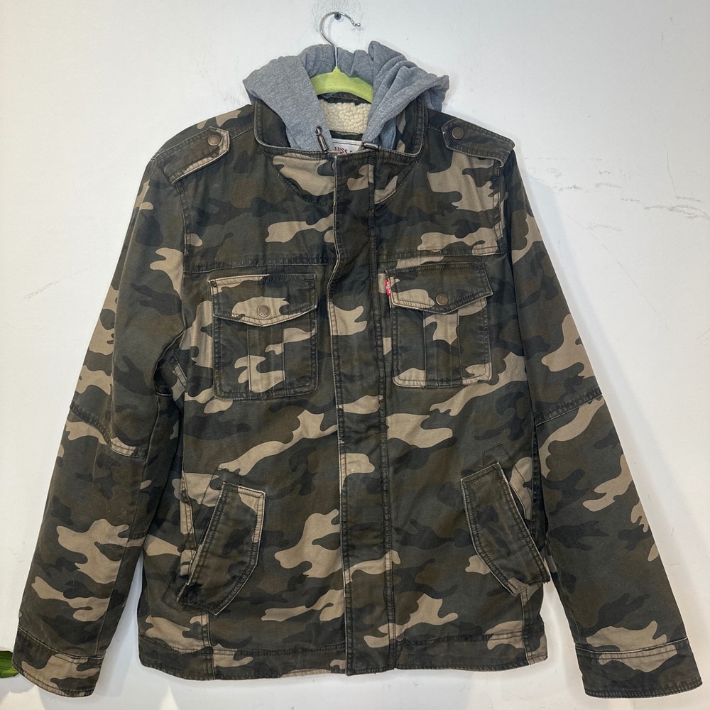 Levis Grunge Y2K Camo Field Jacket Sherpa Lined Hooded Military Coat Green Large